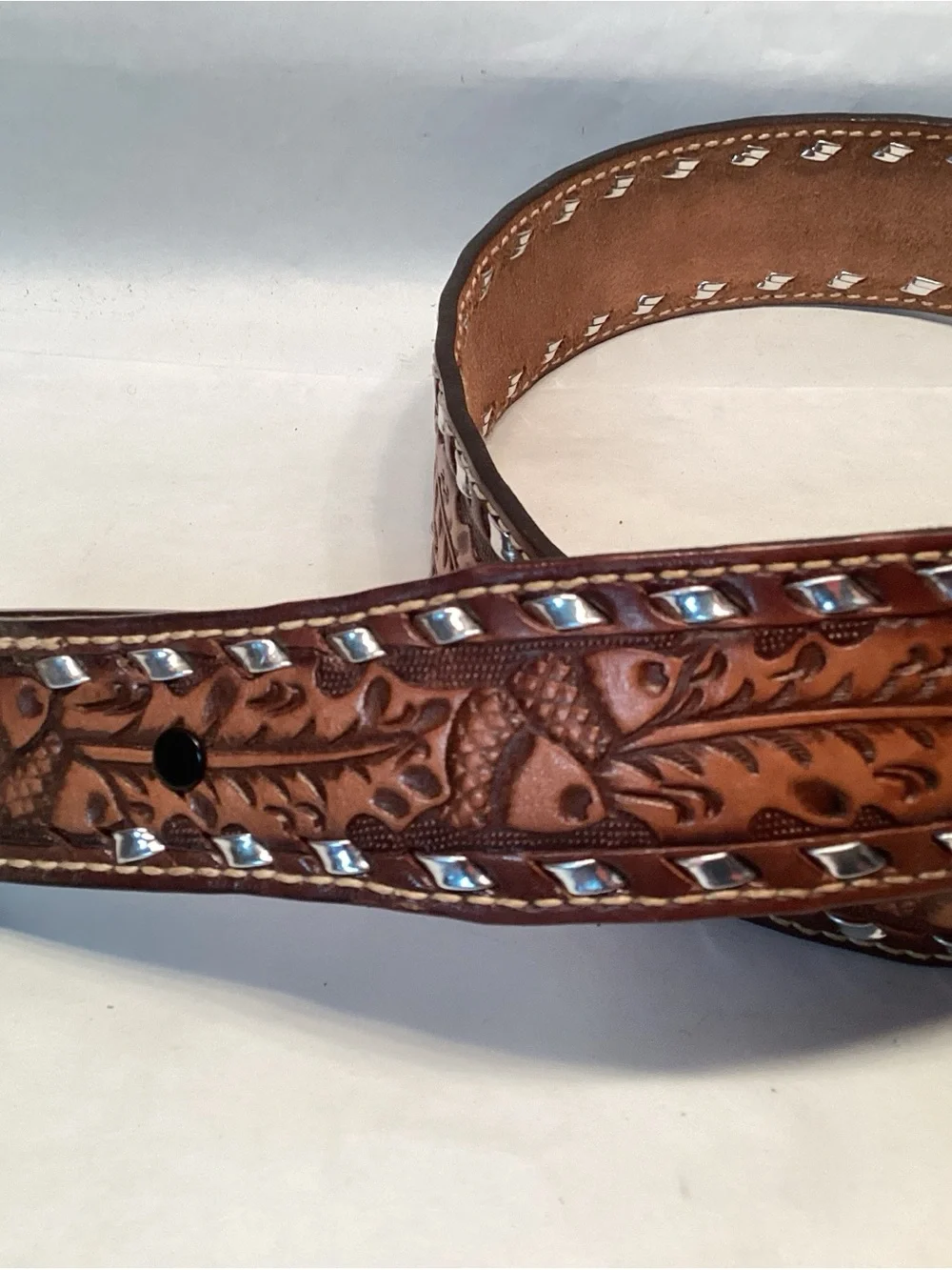 Vintage Tooled Belt Acorns Cowhide Leather 32 Brown Silver TaperedCowboy Western